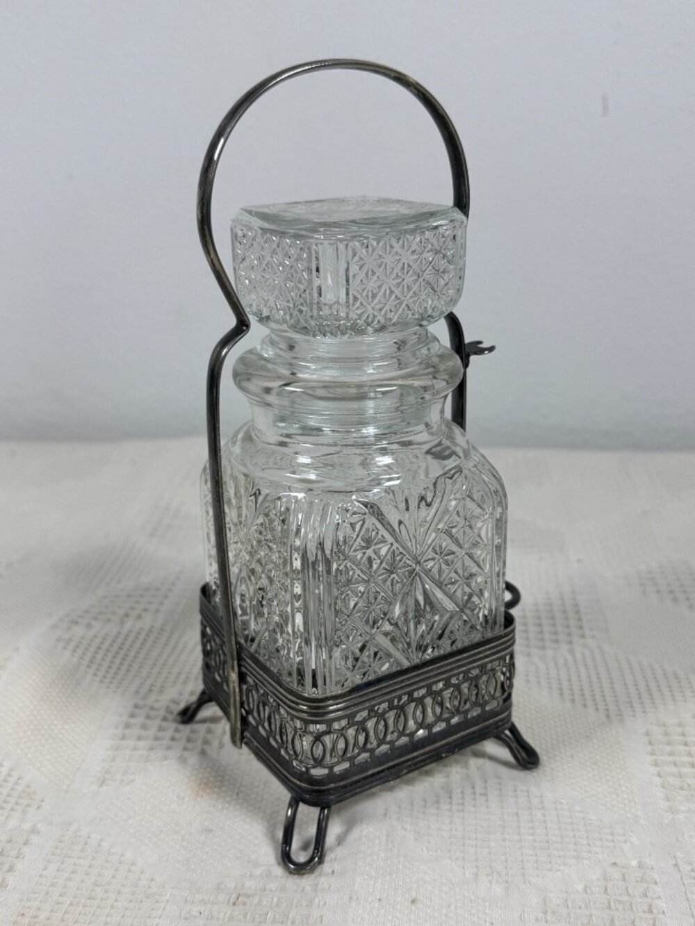 Vintage Cut Glass Pickle Jar With Silver Plated Caddy Likely English Sheffield
